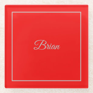 Red Your Name Minimalist Personal Modern Glass Coaster