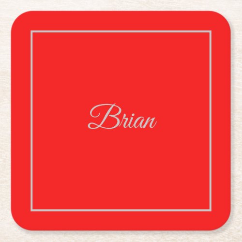 Red Your Name Minimalist Personal Modern Square Paper Coaster