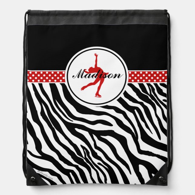Red Your Name Zebra Print Figure Skating Drawstring Bag (Front)