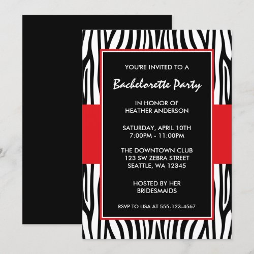 Red Zebra Bachelorette Party Invitations
