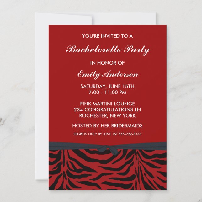 Red Zebra Bachelorette Party Invitations (Front)