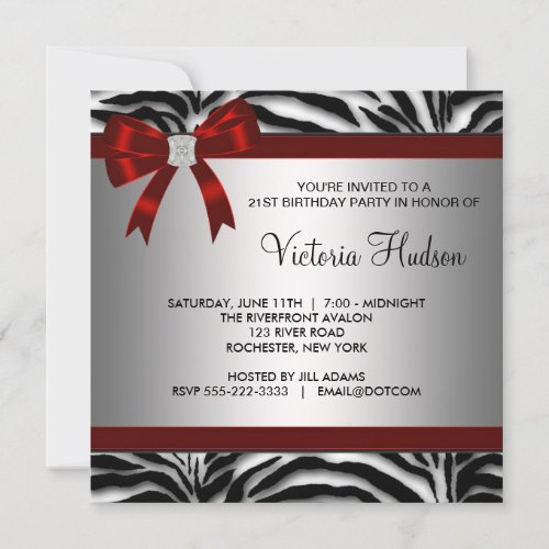 Red Zebra Girl Womans Birthday Party Personalized Invitations