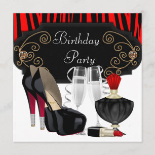 Red Zebra High Heel Shoes Birthday Party Invitation