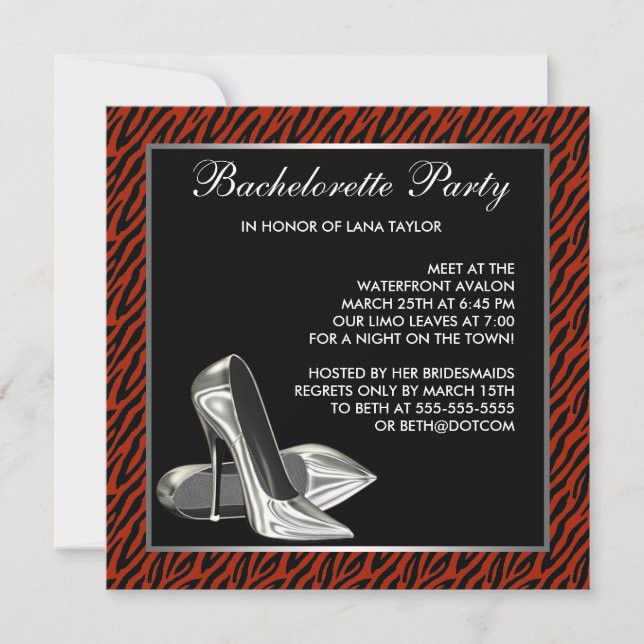 Red Zebra High Heels Bachelorette Party Invitation (Front)