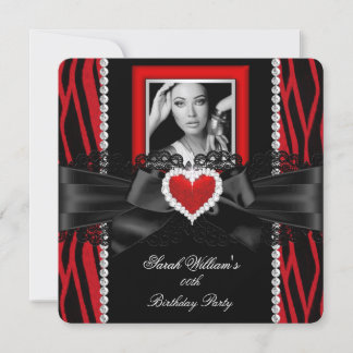 Red Zebra Lace Diamond Heart Photo Birthday Party Invitation