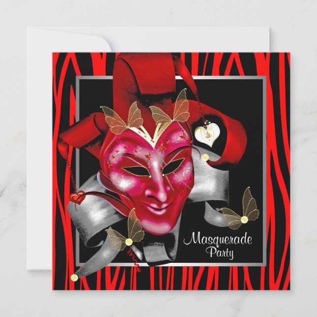Red Zebra Mask Red Masquerade Party Invitation (Front)