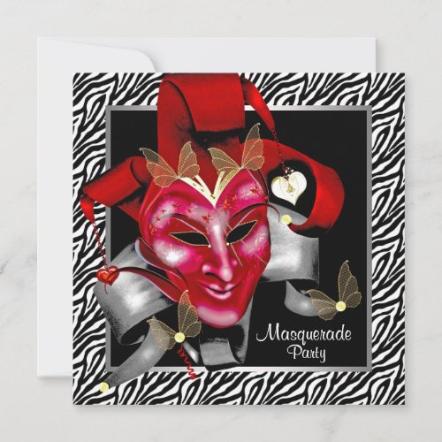 Red Zebra Mask Red Masquerade Party Invitation