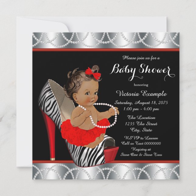 Red Zebra Pearl High Heel Shoe Ethnic Baby Shower Invitation (Front)