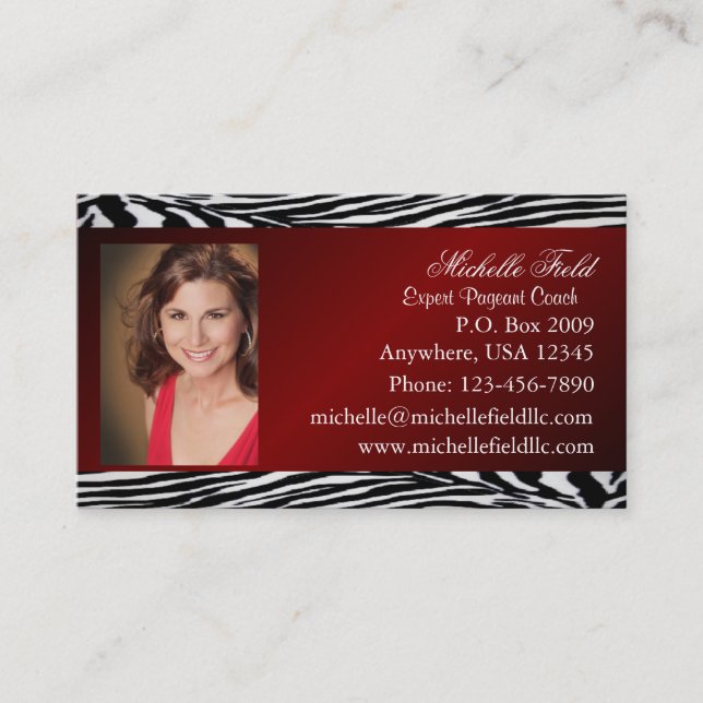 Red Zebra Print Pageant Business Card (Horizontal) (Front)