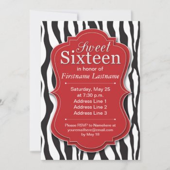 Red Zebra Print Sweet 16 Birthday Invitations by rheasdesigns at Zazzle
