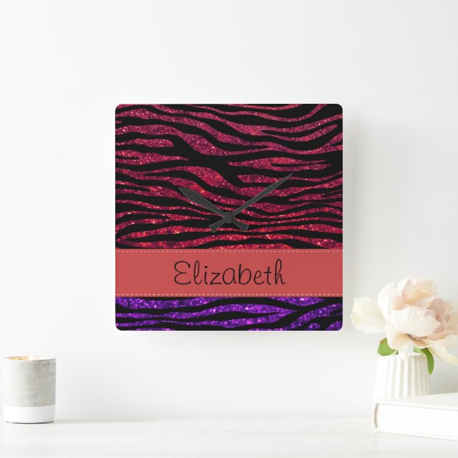 Red Zebra, Purple Zebra, Glitter Zebra, Your Name Square Wall Clock (Home)