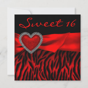 Red Zebra Red Heart Sweet 16 Party Invitation