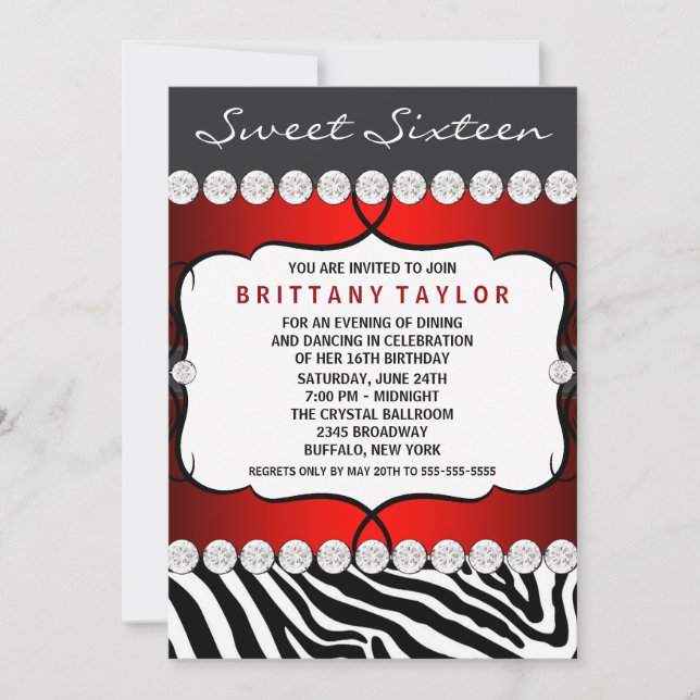Red Zebra Sweet Sixteen Birthday Party Invitation (Front)