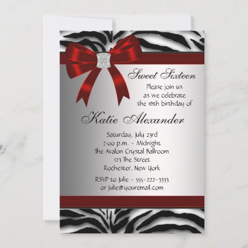 Red Zebra Bow Sweet Sixteen Birthday Party Personalized Announcements