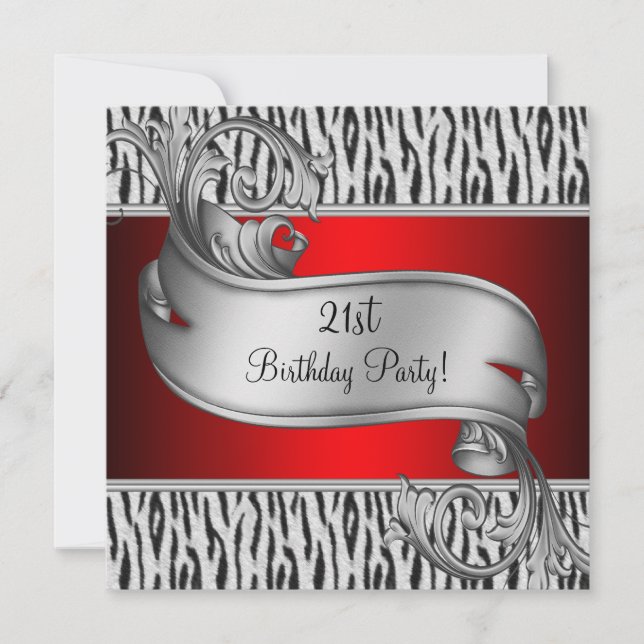 Red Zebra Womans 21st Birthday Party Invitation (Front)