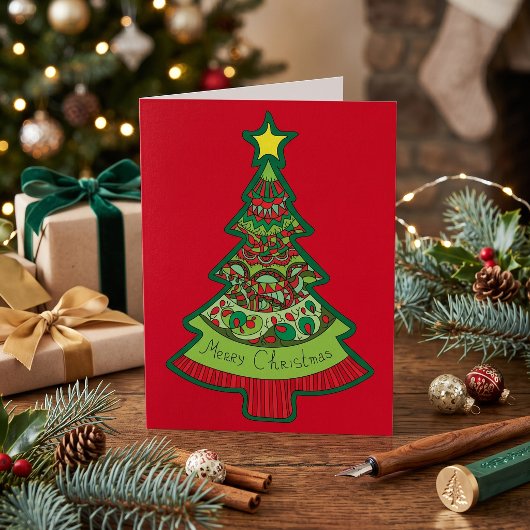 Red Zen Doodles Folk Art Christmas Holiday Cards