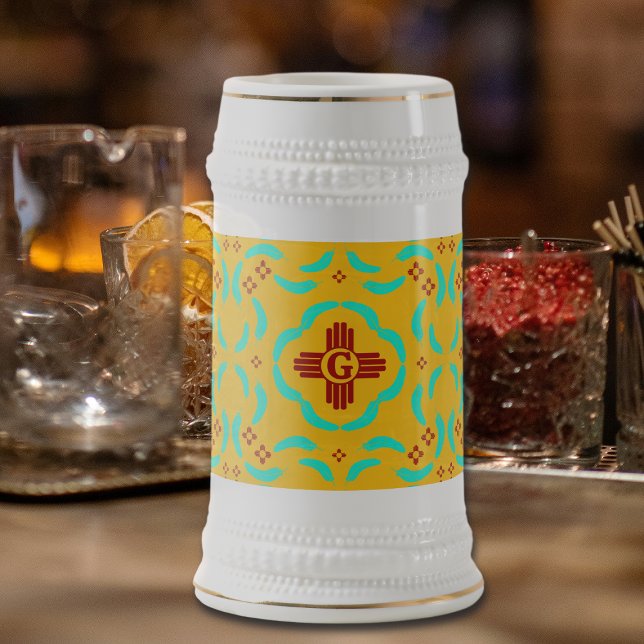 Red Zia Symbols New Mexico Turquoise Feathers Beer Stein (Creator Uploaded)
