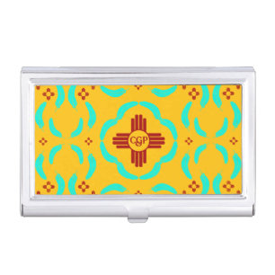 Red Zia Symbols New Mexico Turquoise Feathers Business Card Case