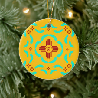 Red Zia Symbols New Mexico Turquoise Feathers Ceramic Ornament