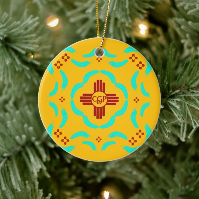 Red Zia Symbols New Mexico Turquoise Feathers Ceramic Ornament (Tree)