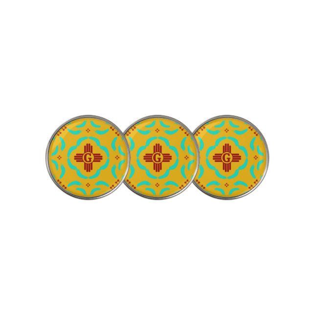 Red Zia Symbols New Mexico Turquoise Feathers Golf Ball Marker (3 Up)