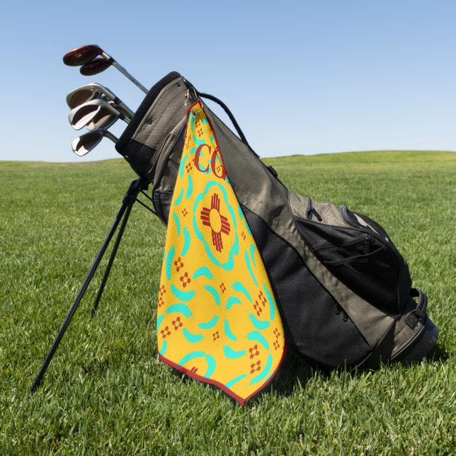 Red Zia Symbols New Mexico Turquoise Feathers Golf Towel (Green)