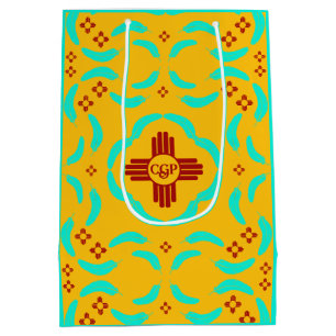 Red Zia Symbols New Mexico Turquoise Feathers Medium Gift Bag