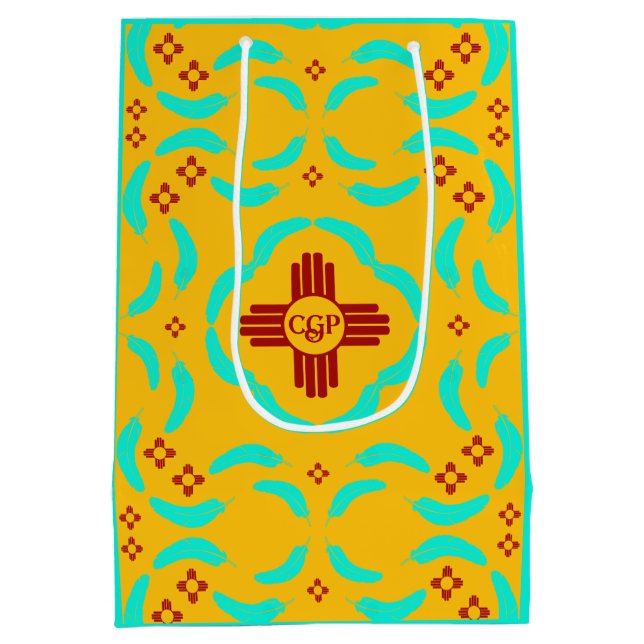 Red Zia Symbols New Mexico Turquoise Feathers Medium Gift Bag (Back)