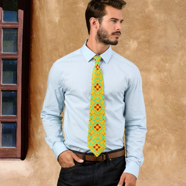 Red Zia Symbols New Mexico Turquoise Feathers Neck Tie (Creator Uploaded)