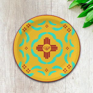 Red Zia Symbols New Mexico Turquoise Feathers Paper Plates