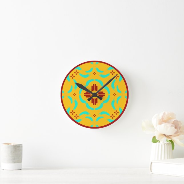 Red Zia Symbols New Mexico Turquoise Feathers Round Clock (Home)