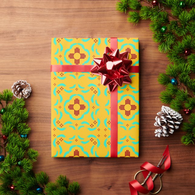 Red Zia Symbols New Mexico Turquoise Feathers Wrapping Paper (Holiday Gift)