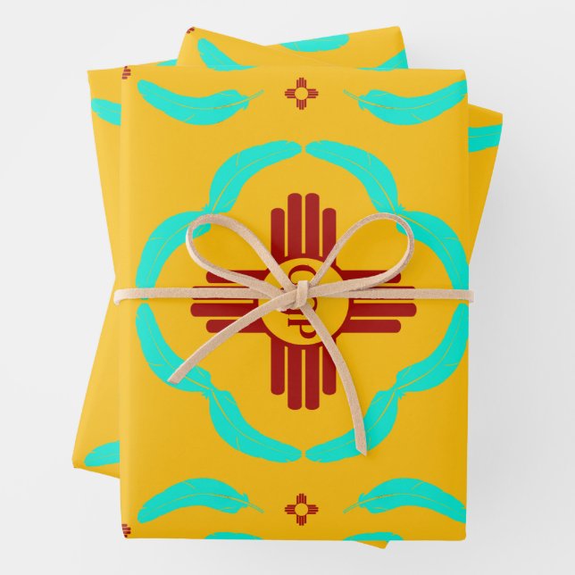 Red Zia Symbols New Mexico Turquoise Feathers Wrapping Paper Sheets (In situ)