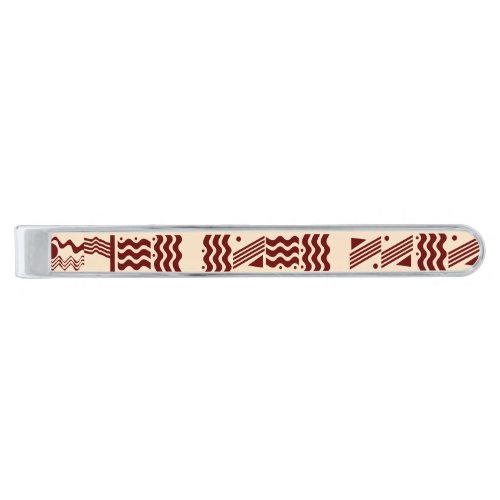 red zig zags dots wavey lines cream graphic design silver finish tie clip