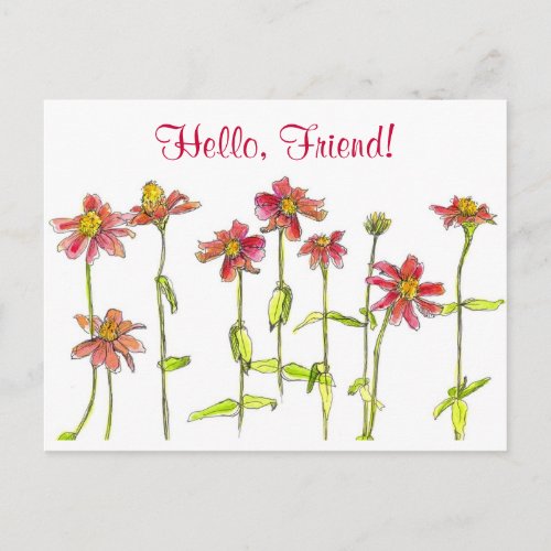 Red Zinnia Watercolor Flower Hello Friend Postcard