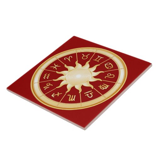 Red Zodiac Wheel Ceramic Tile