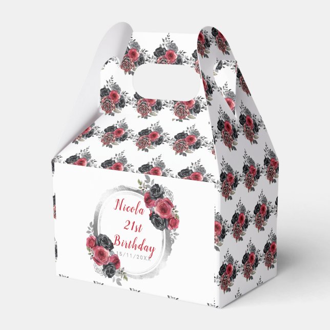 Redand Silver Elegant Flowers  Birthday Favor Boxes (Front Side)