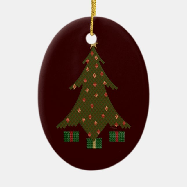 redBG, quiltedTreeSolo Ceramic Ornament (Front)