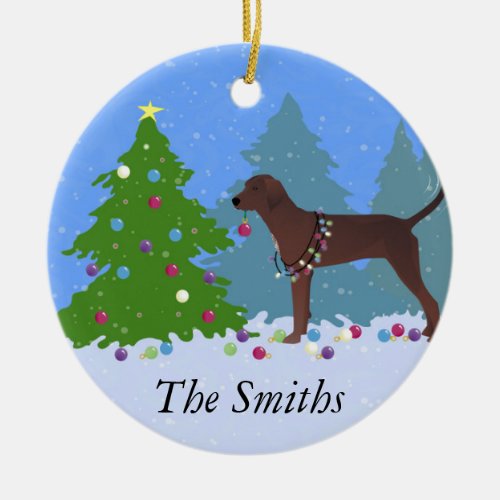 Redbone Coonhound Decorating Christmas Tree Ceramic Ornament