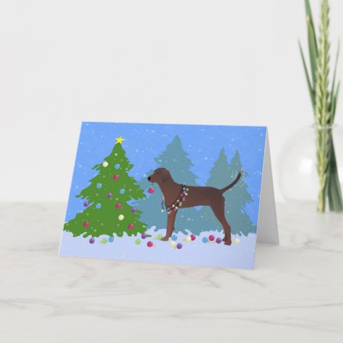 Redbone Coonhound Decorating Christmas Tree Holiday Card