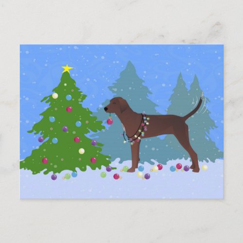 Redbone Coonhound Decorating Christmas Tree Holiday Postcard