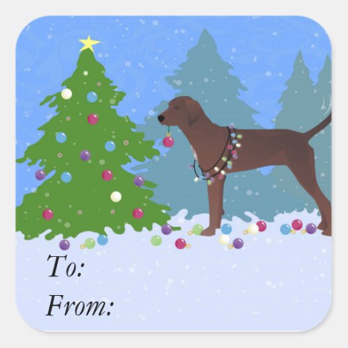 Redbone Coonhound Decorating Christmas Tree Square Sticker