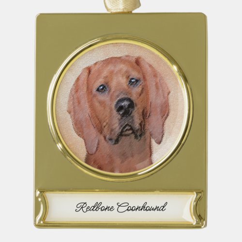 Redbone Coonhound Painting _ Cute Original Dog Art Gold Plated Banner Ornament