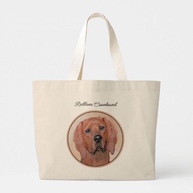 Redbone Coonhound Painting Cute Original Dog Art Large Tote Bag (Back)