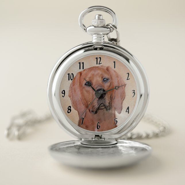 Redbone Coonhound Painting - Cute Original Dog Art Pocket Watch (Inside)