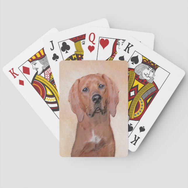 Redbone Coonhound Painting - Cute Original Dog Art Poker Cards (Back)