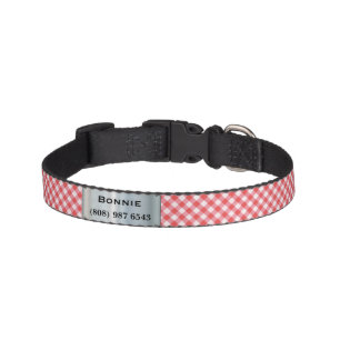 RedCheckered Dog Collar with Name & Number