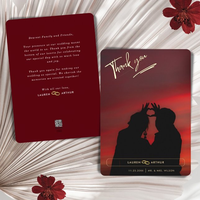 Reddish Modern Chic Minimal Photo Wedding Thankyou Foil Invitation (Creator Uploaded)
