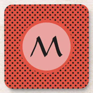 Reddish Orange Polka Dot Monogram Beverage Coaster