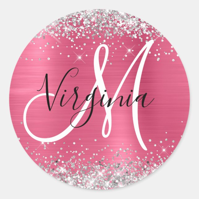 Reddish Pink Ombre Foil Silver Glitter Monogram Classic Round Sticker (Front)